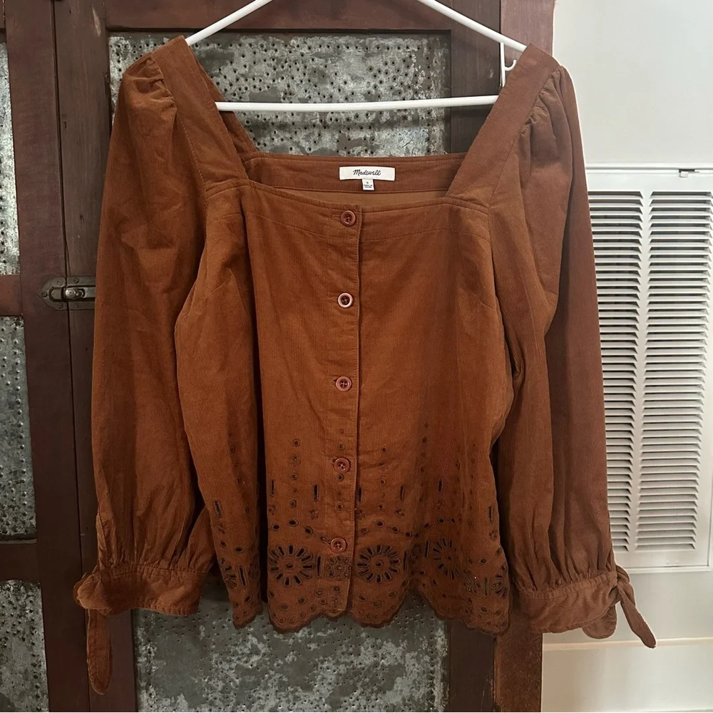 Madewell Embroidered Eyelet Corduroy Tie-Sleeve Top Small Rust Color Scalloped - Picture 4 of 7